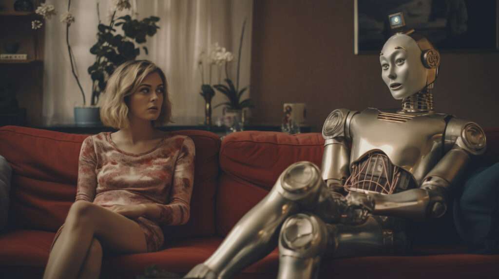 Small business owner interacting with an AI coaching assistant, combining human guidance with technology.