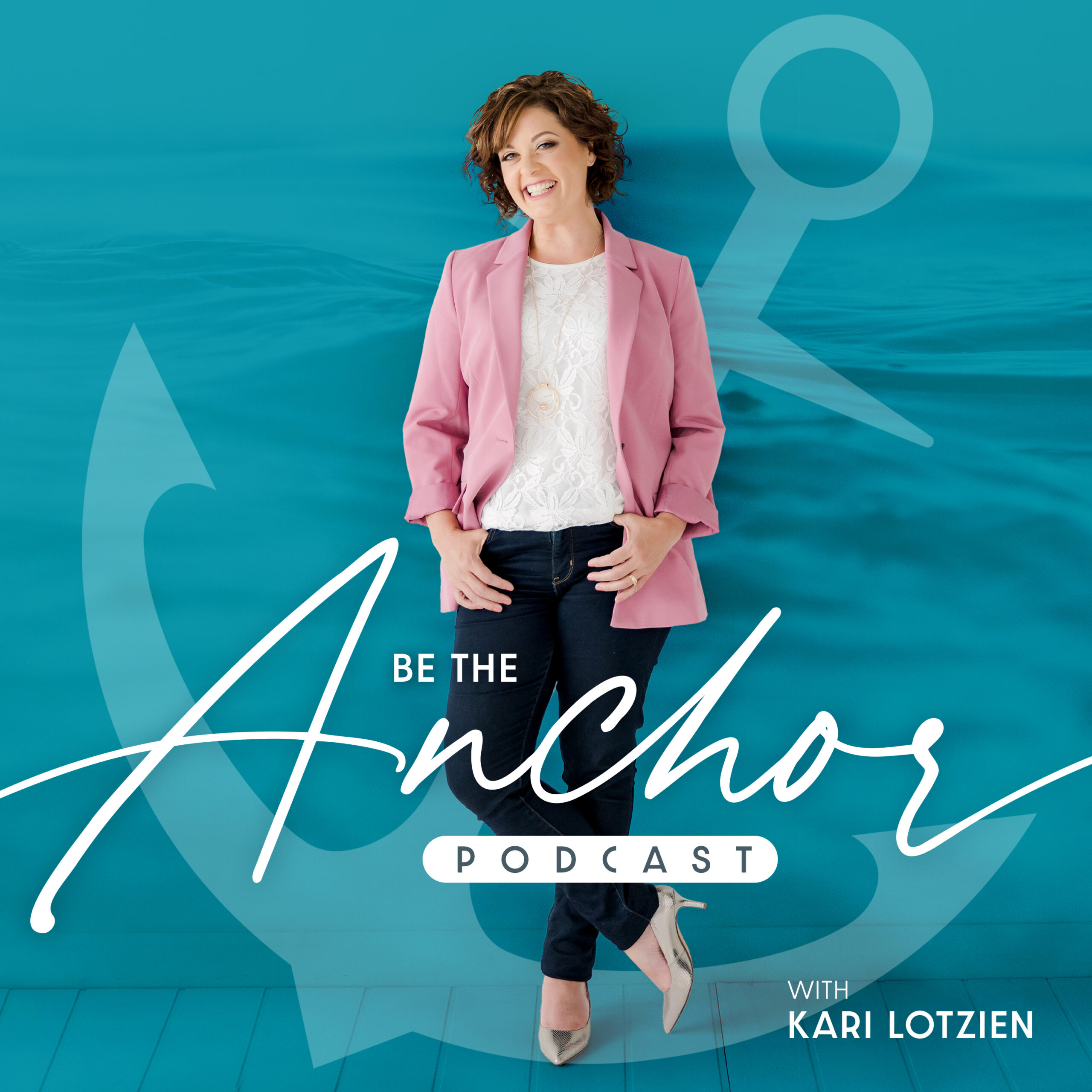 Kari Lotzien, Certified Systems Business Coach®, smiling with a microphone as she hosts her podcast Be the Anchor, sharing strategies and support for small business owners.