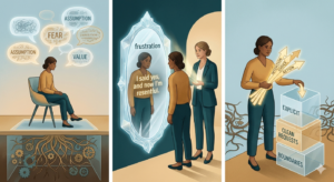 Depicts the coach gently illuminating a clear mirror for the client. T