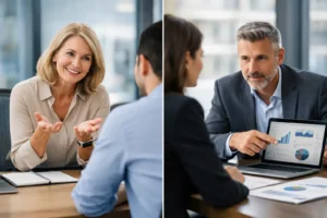 Business coach and consultant discussing business goals and next steps with a small business owner.