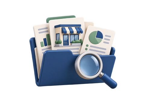 Illustration of small business records, financial reports and a magnifying glass representing how bank managers assess and understand business clients. Copy