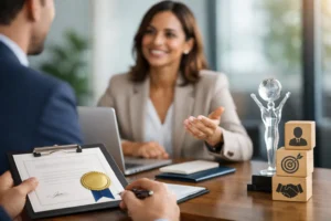 Business coach discussing professional development and ICF accredited coach training with a colleague in an office setting.